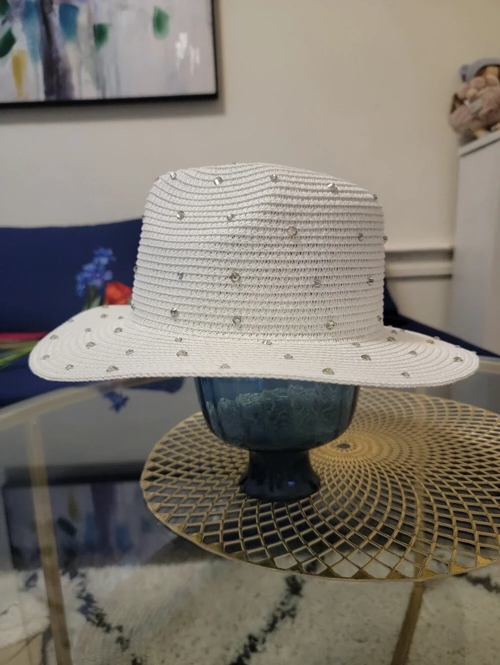 White Crystal-Embellished Straw Fedora Hat - Women